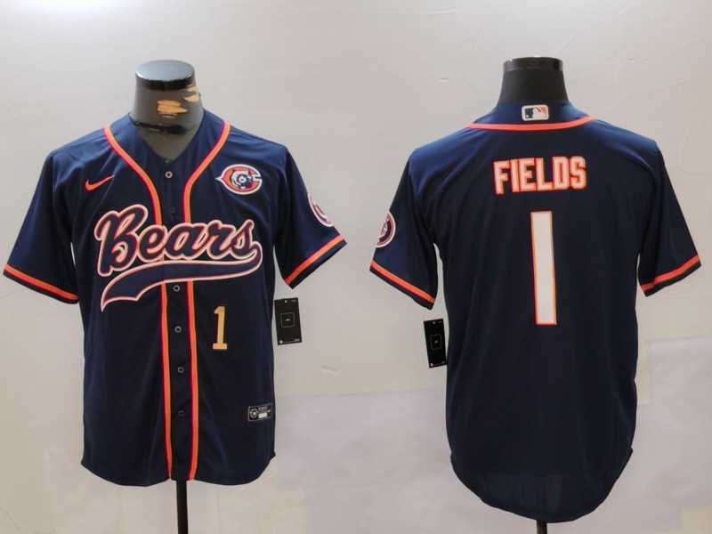 Mens Chicago Bears #1 Justin Fields Navy Throwback With Patch Cool Base Stitched Baseball Jerseys